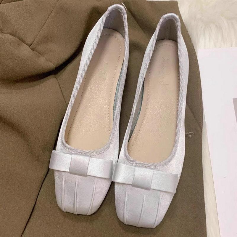Fashion Flat Shoes for Women Spring  Autumn 2024 New Square Toe Silk Shallow Bow  Scoop Shoes Large Size 42 43 44  Ladies Shoes Women