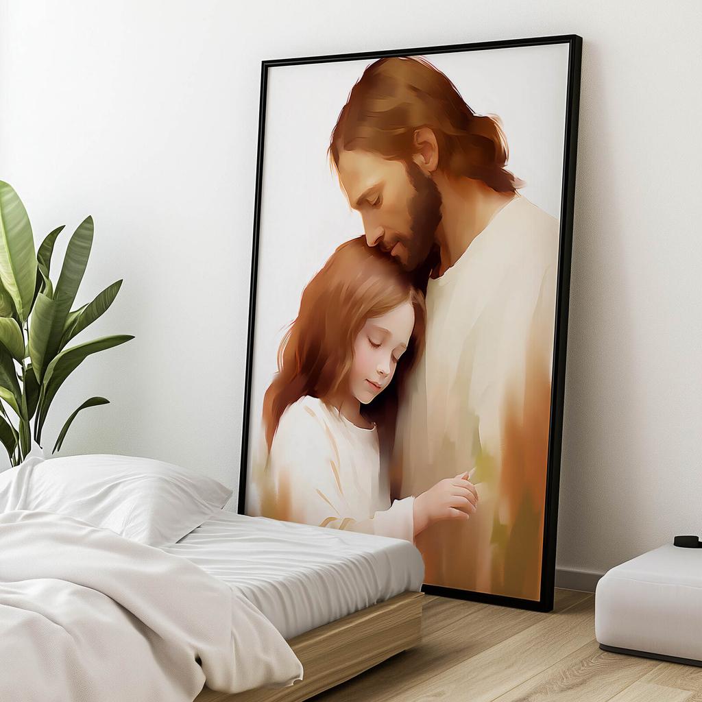 Objęcia Miłości - Jezus I Dziewczynka Objęcia Miłości - Jezus I Dziewczynka, 50X70 Cm, Rama Aluminiowa Czarna, Papier Matowy 230 Gsm