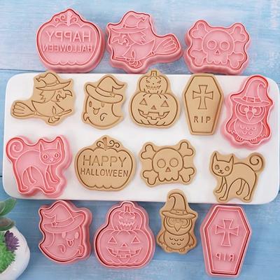Halloween Plastic Cookie Cutters Pumpkin Cartoon Pressable Biscuit Molds Confectionery Fondant Cookie Stamps Baking Pastry Tools