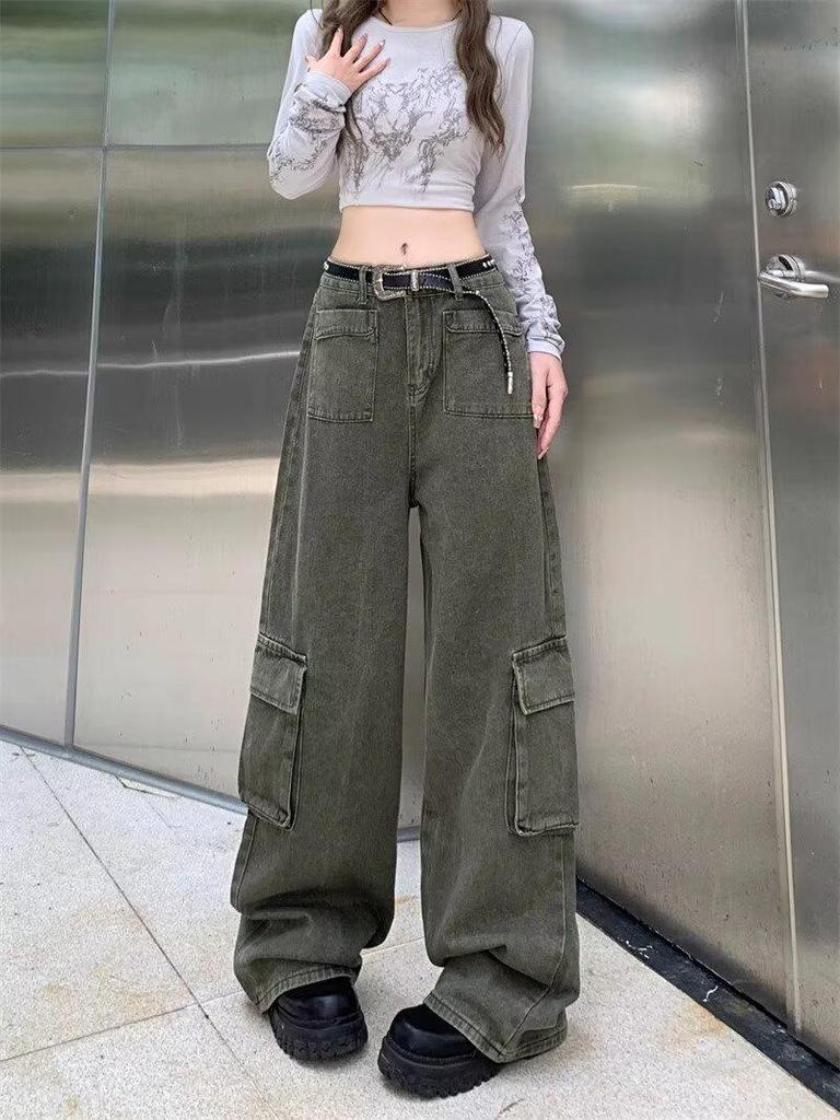 Women's Plus Size High Waist Wide Leg Military Green Denim Pants