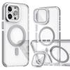 For iPhone 15 Pro Magnetic Case TPU Acrylic Clear Phone Back Cover with Lens Protector Kickstand