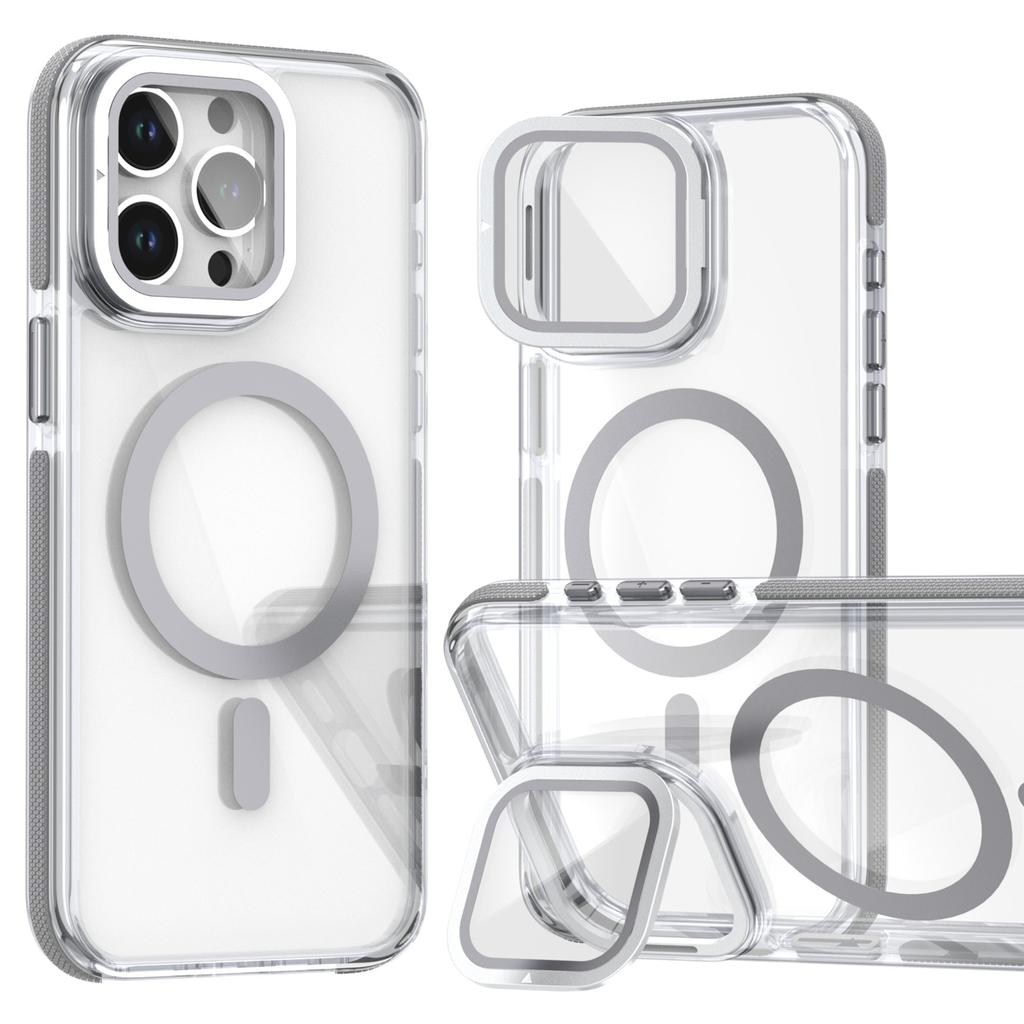 For iPhone 15 Pro Magnetic Case TPU Acrylic Clear Phone Back Cover with Lens Protector Kickstand