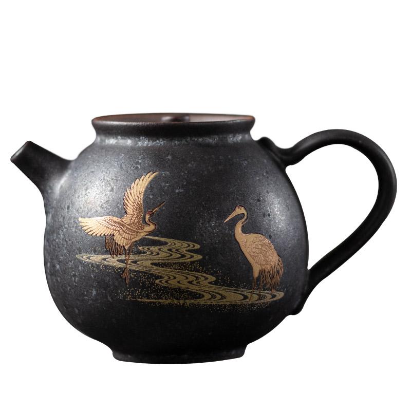 Silver-spotted Black Ceramic Teapot Rough Pottery Small Crane Pot Retro Household Ceramic Kung Fu Tea Set