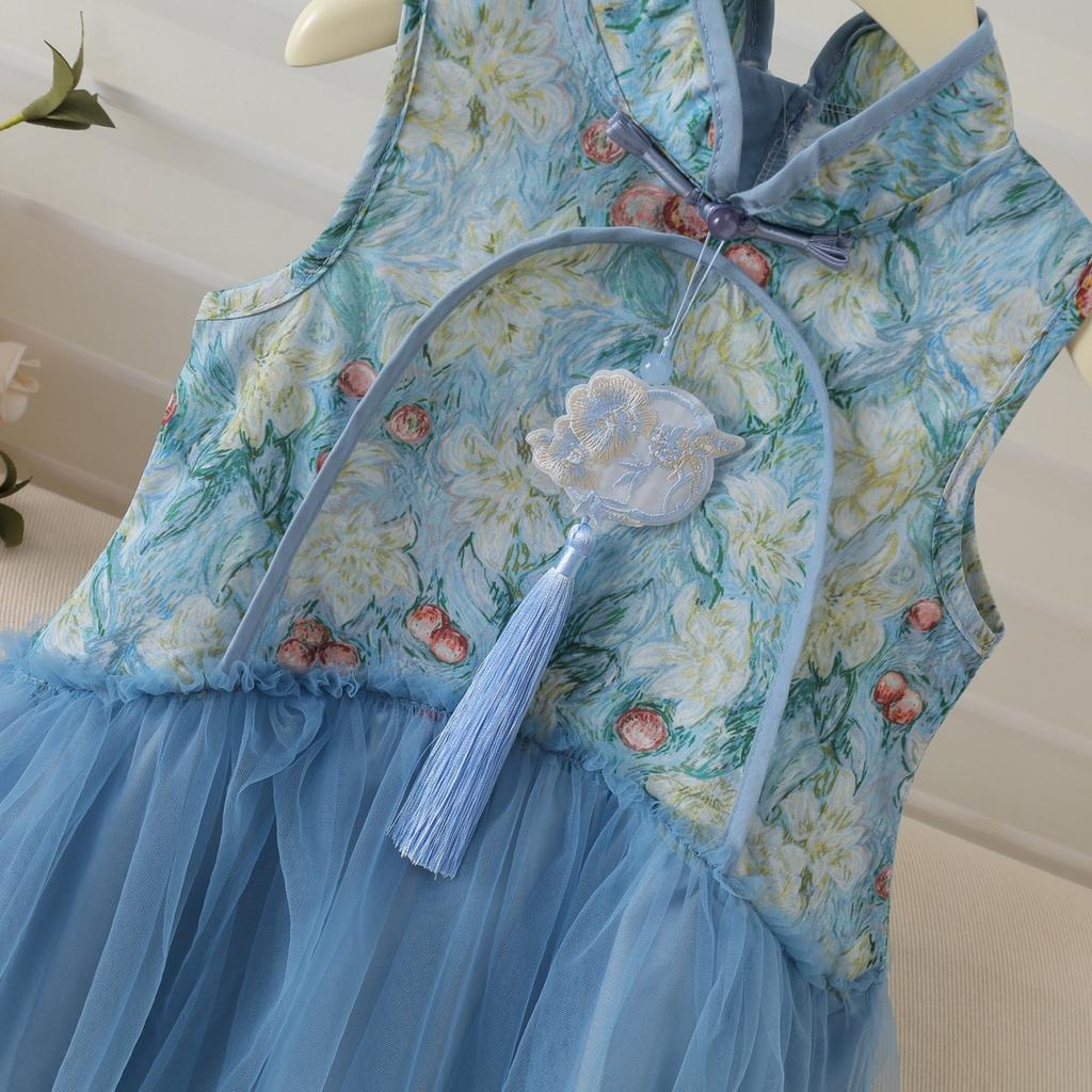 Girls' Chinese-Style Printed Summer Dress With Auspicious Phoenix Design Cool Mesh Cheongsam Dress