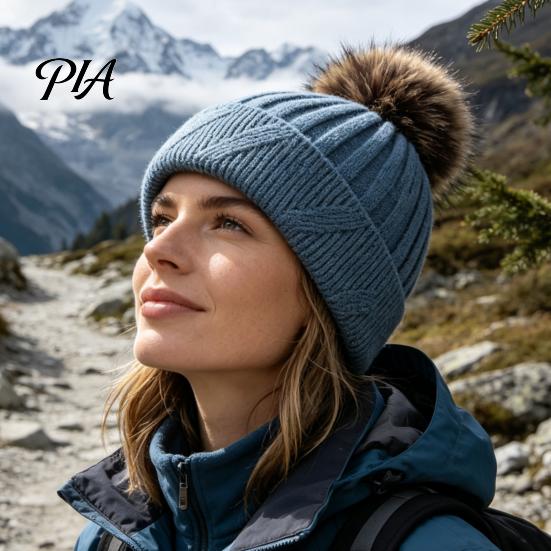 Cozy Knit Hats for Ponytails Winter Knitted Hat Women, Cold Weather Fleece Lined with Pom Fashion Beanies Pom, Chunky Snow Hat, Soft Ribbed