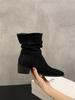 Short boots 2025 autumn and winter new suede round head thick heel medium heel short boots pleated pile boots high heel western boots