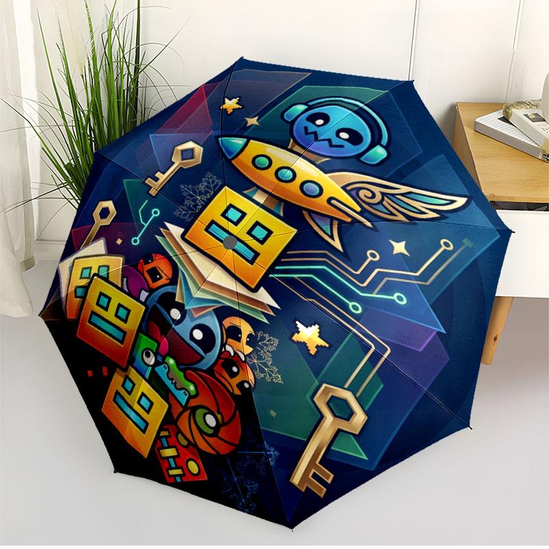Geometry Dash Print Automatisk Åben Lukke Paraply, Bærbar Foldbar Paraply, til Udendørs Pendling Campingtur, Ideel Fødselsdagsgave