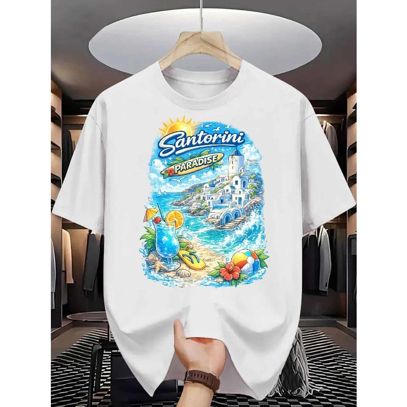 European Size Santorini Paradise Men's Cotton Shirt Greek Island Beach Summer Landscape Print Pattern Pure Cotton Premium Print Durable Casual Fashion