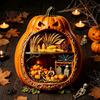 Detailed Halloween Scene Decor Centerpiece Pumpkin, Wooden Pumpkin Ornament with Miniature Scenes, Rustic Home Accents Skeleton for Farmhouse