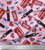 Soimoi Japan Crepe Satin Fabric Bus,Telephone Booth & London Clock Tower Architectural Print Sewing Fabric Metre 42 Inch