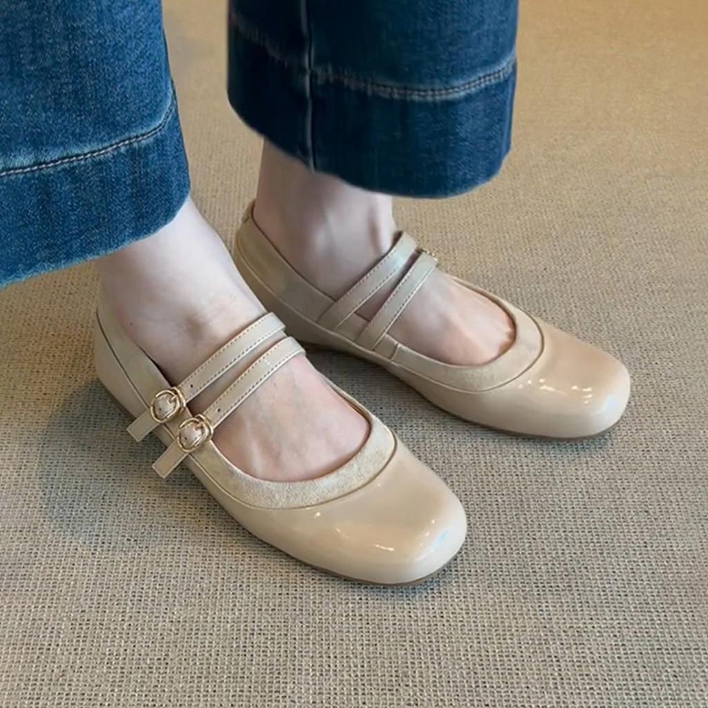French Patent Leather Round Head Shallow Mouth Flat Bottom Small Single Shoes Women's Word Buckle Temperament Mary Jane Shoes