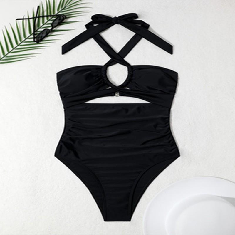 

One-piece Swimsuit Solid Color Suspender Conservative Beach Hot Bikini Women S чёрный