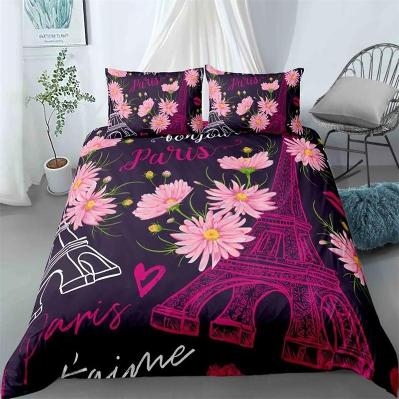 Paris Tower Duvet Cover Famous Buildings In France for Women Men Adults Pink Romantic Bedroom Decoration Polyester Quilt Cover