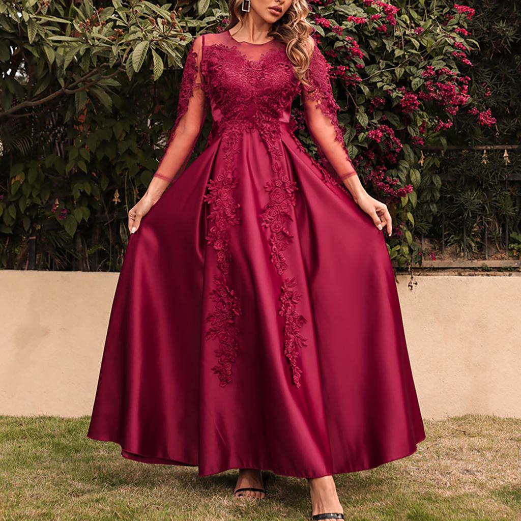 Women's Fashion Solid Color Lace Big Swing Sexy Long Dress Trailing Party Evening Gown