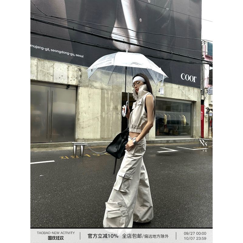 0122stepll Motor Force Sleeveless Tops Sexy Sexy Slimming Spring Light Khaki Cargo Pants Suit