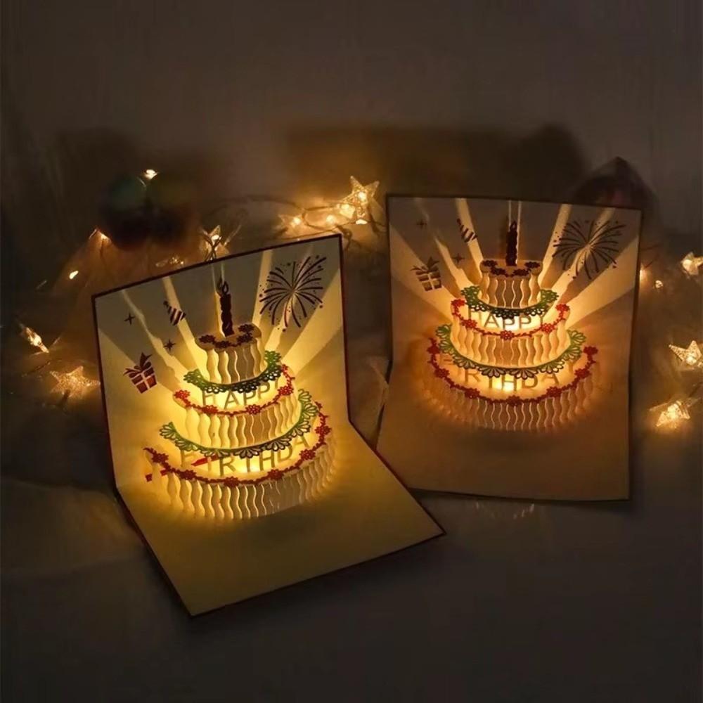 Creative Pop Up Musical Birthday Card Happy Birthday Paper 3D Birthday Cake Card Hollow Light Music Card Birthday Party