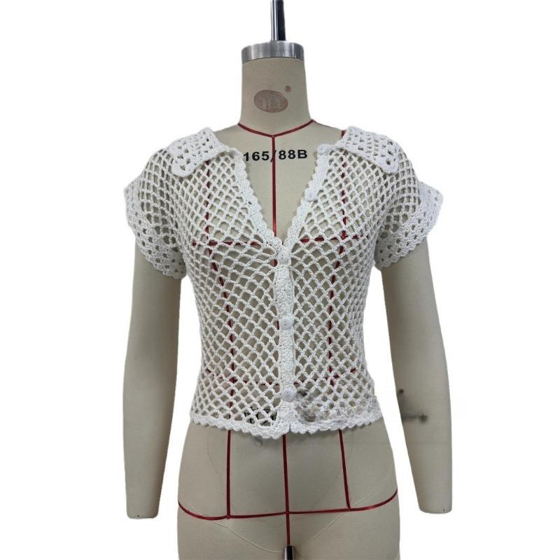Women's Summer New Cardigan Short Sleeve Loose Lapel Fashion Solid Color Hollow Knit Top