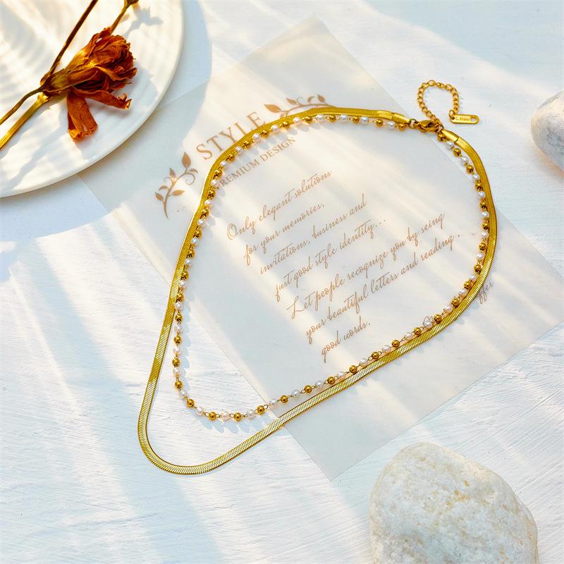 Gold Double Layer Snake Chain Pearl Bead Choker – Minimalist Elegant Jewelry, Timeless Charm Gift for Women