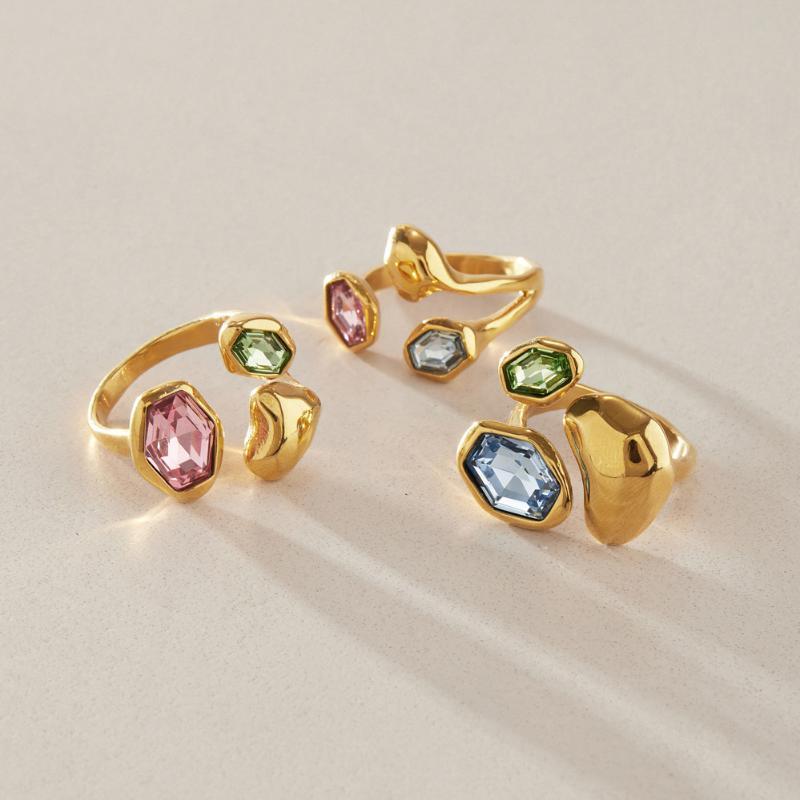 Elegant Colored Glass Open Ring for Women Stainless Steel Waterproof Non-Tarnish Jewelry for Prom Banquet Anniversary Gifts