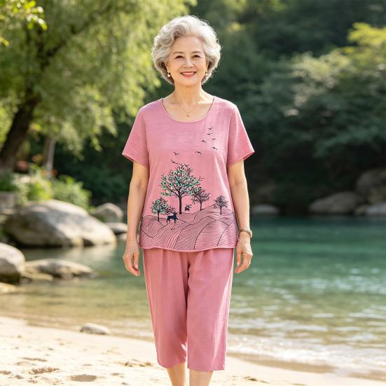 Conjunto de Pijama Feminino com Gola Redonda, Manga Curta e Calça Cropped Conjuntos para Relaxar Verão Floral Roupa de Dormir Conjunto Combinando
