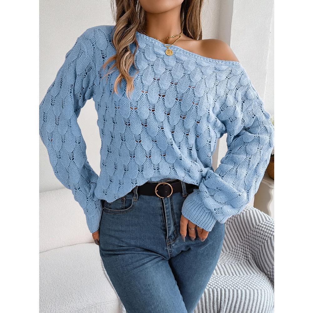 Autumn/Winter Women's Knitted Sweater Casual Feather-Patterned Openwork Off-the-Shoulder Sweater Featuring Bell Sleeves