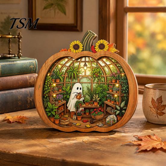Wooden Desktop Shelf Accessory Halloween Ghost Tabletop Ornament, 2D Flat Cute Reading Bathing Fall Harvest Home Decoration Watering Plaque with Stand