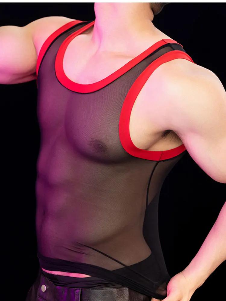 Men'S Sexy High Elastic Shaping Vest Breathable Mesh Sheer See Through Tank Tops Man Nightclub Party T-Shirts