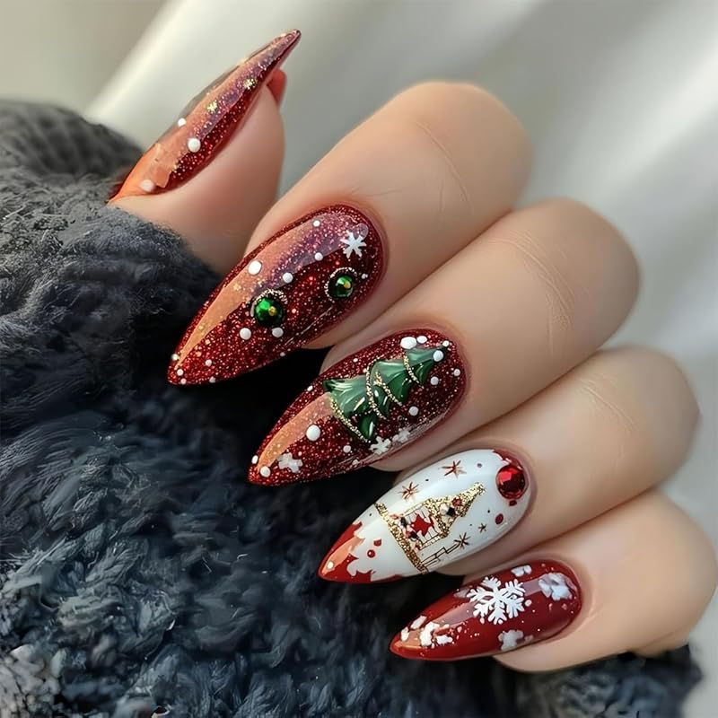 Christmas Cute Press On Nails Square Fake Nails Winter False Nails with Snowman Snowflake Designs Medium Glue On Nail Gloss Xmas Reusable Acrylic