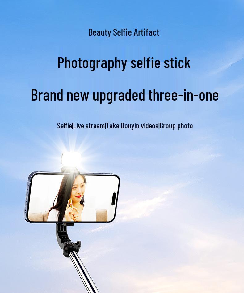 1.7m Universal Phone Selfie Stick with Stand, Fill Light, Bluetooth Remote, and Beauty Mode for Live Streaming