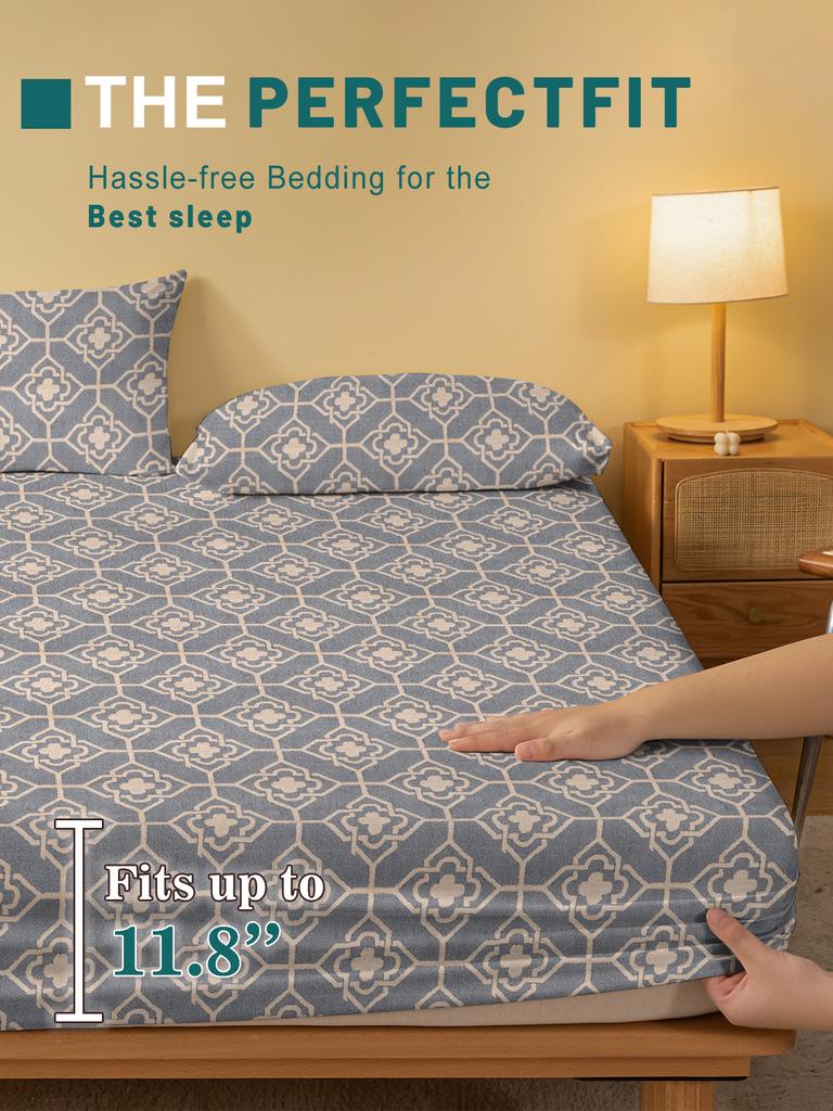 Simple 1 Modern Geometry Printed Matte Fitted Sheet, Bedroom Printed Bed Cover, Bedding Excluding Pillowcases