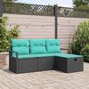 4 Piece Sofa Set with Cushions in Black and Turquoise Poly Rattan
