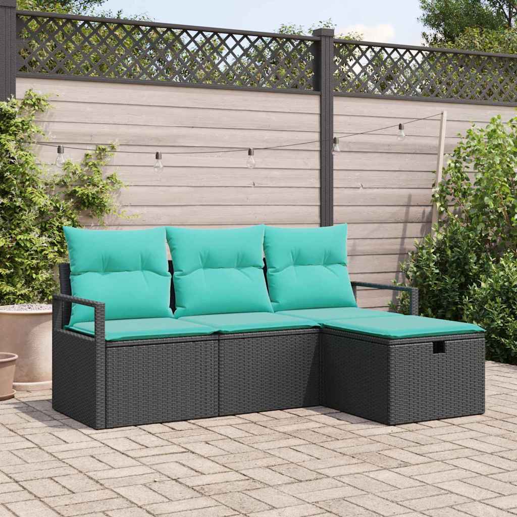 4 Piece Sofa Set with Cushions in Black and Turquoise Poly Rattan