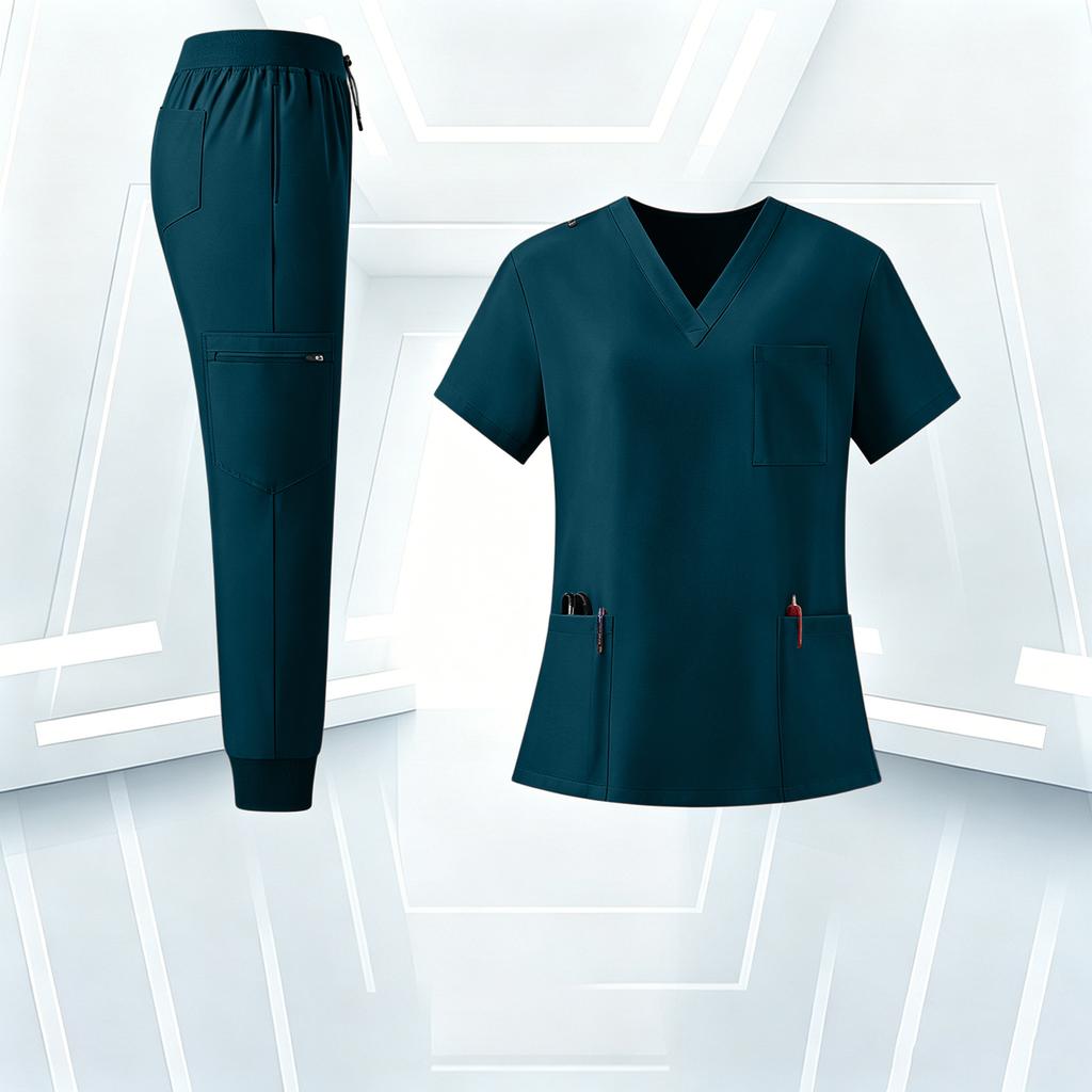 Women's Uniform Set with V-Neck and Pockets, Short Sleeve Scrub Top and Pant Set, Quick-Dry Color Uniform for Work