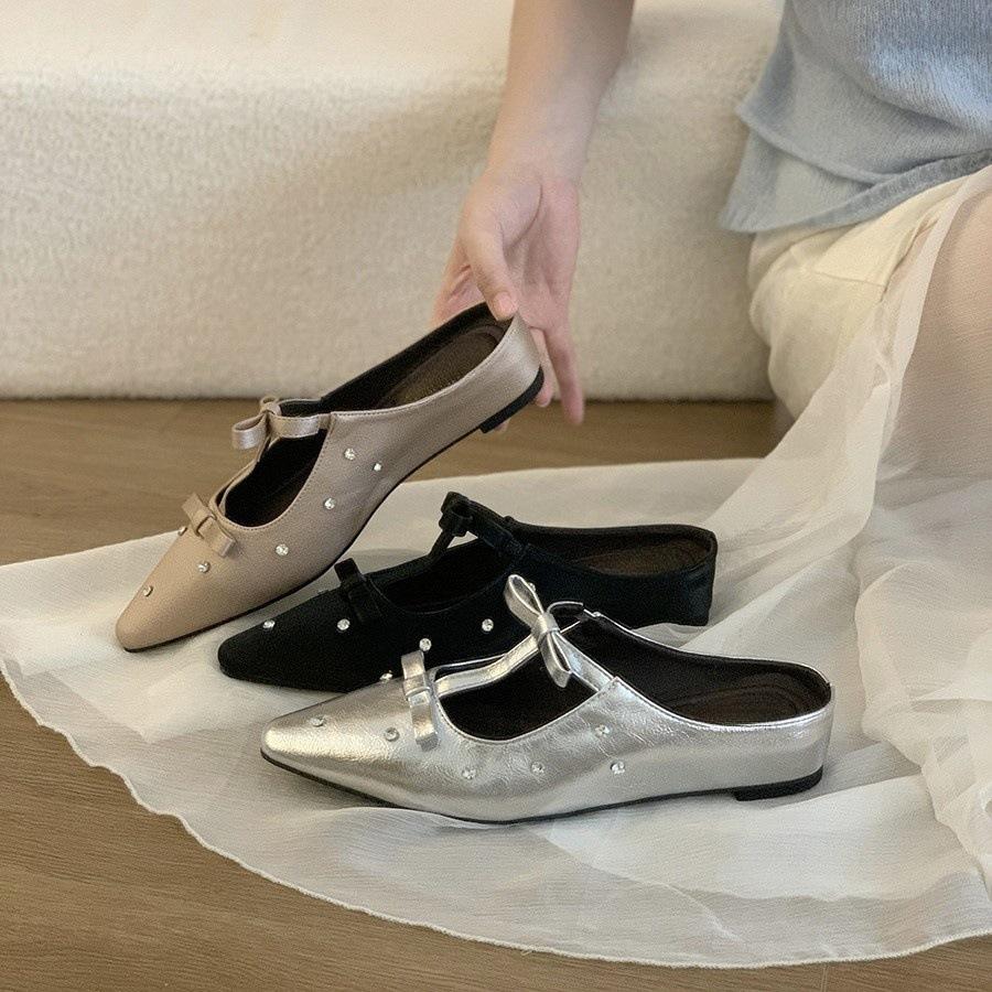 Inner Height-increasing Bow Bag Head Half Slippers Women Wear New Spring and Summer New Fairy Style Pointed Mary Jane Sandals