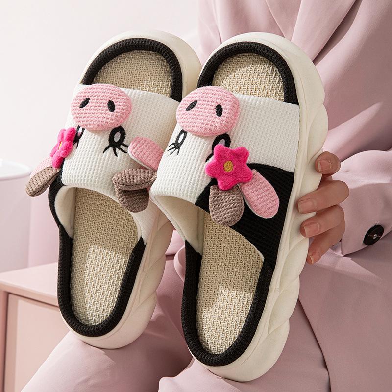 Universal Cow Print Linen Slippers: Cute, Non-Slip, Odor-Proof, Four Seasons, Thick Sole