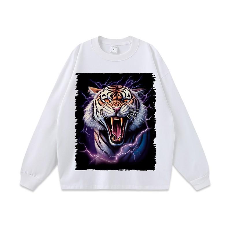 Mens Oversized Retro Tiger Print Long Sleeve Tee Cotton Heavyweight Washed Streetwear Hip Hop T-Shirt