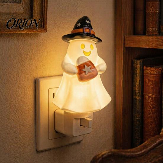 Decorative Wall Light Halloween Pumpkin Ghost Night with Witch Hat, Resin Soft Glow Unique Decor Plug-in LED Bedroom Light, Spooky Sconce for