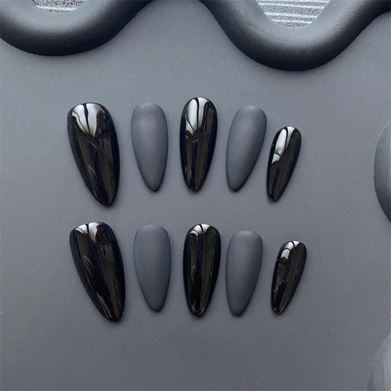 Handmade Almond Black Press on Nails Full Cover Acrylic Fake Nails Medium Matte Dark Manicure Nail Tips Wearable Reusable Woman