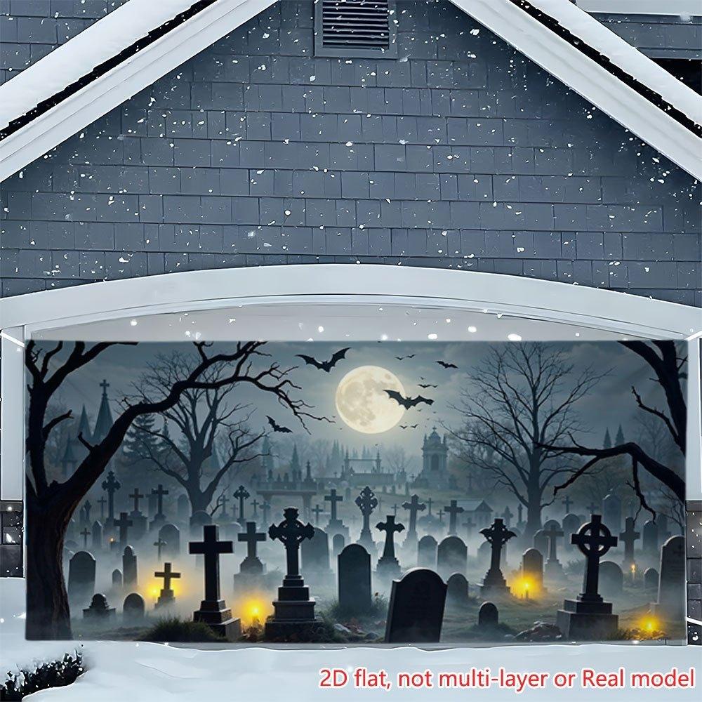2D Flat Printing Party Banner 1 Piece Per Pack Full Moon Cemetery and Bat Pattern Extra-large Garage Background cloth.PMJ