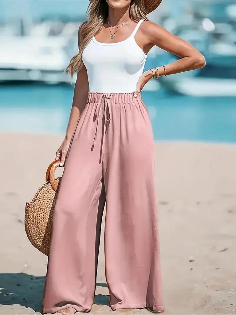 Women's Wide-Leg Solid Color Casual Polyester Pants