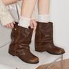 Women Western Cowboy Boots  Height Increased Vintage Block Heels Female Shoes Round Toe Pleated Style Knight Booties