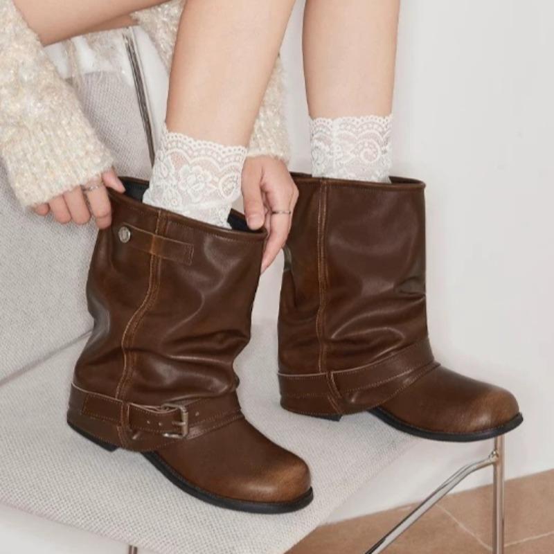Women Western Cowboy Boots  Height Increased Vintage Block Heels Female Shoes Round Toe Pleated Style Knight Booties
