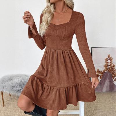 Vestidos casuales de cintura alta con cuello cuadrado y manga larga con estampado de colores sólidos para primavera y otoño para mujer