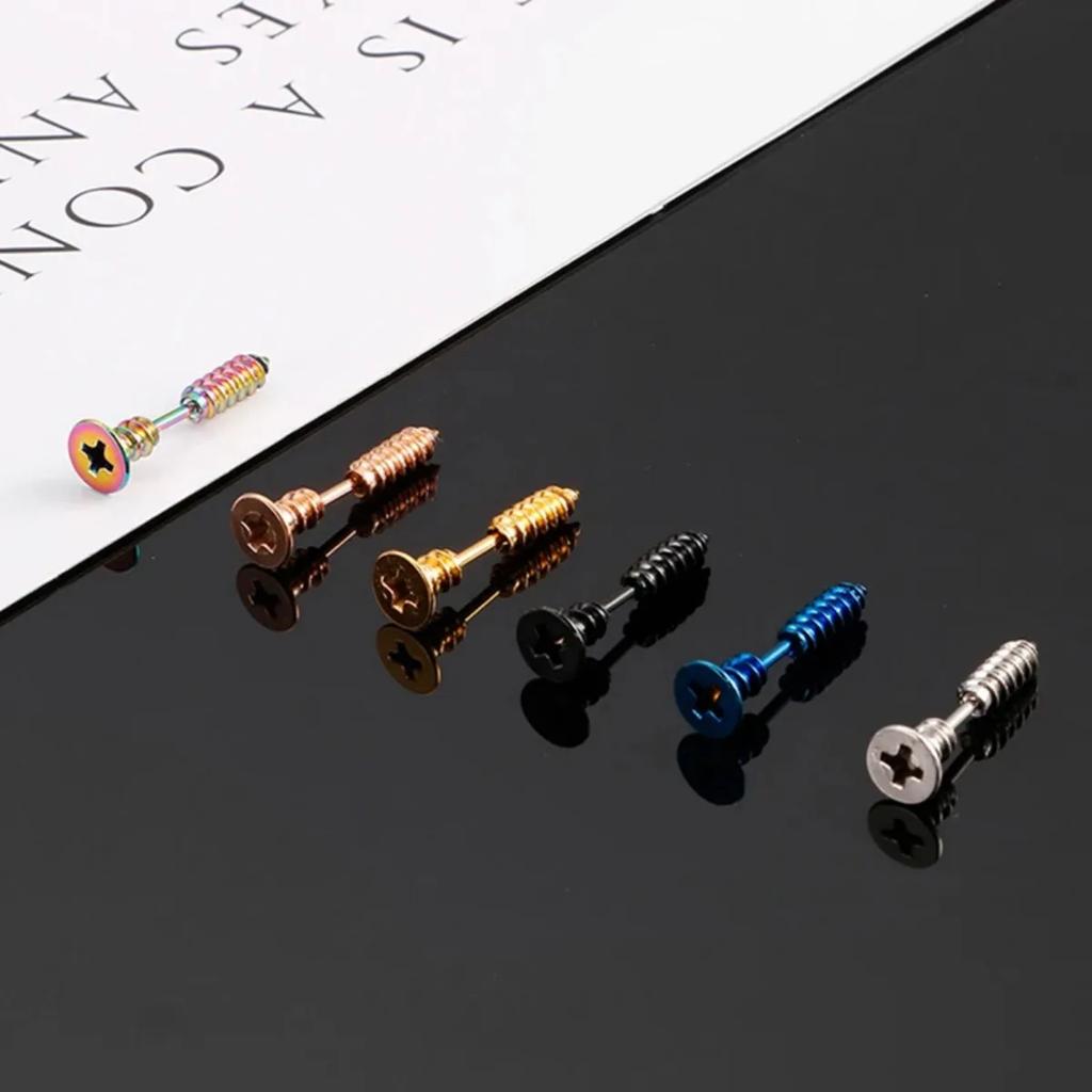 2Pcs Women Men Earrings Stainless Steel Piercing Nail Screw Stud Earrings Punk Rock Helix Ear Piercings Spiral Zircon