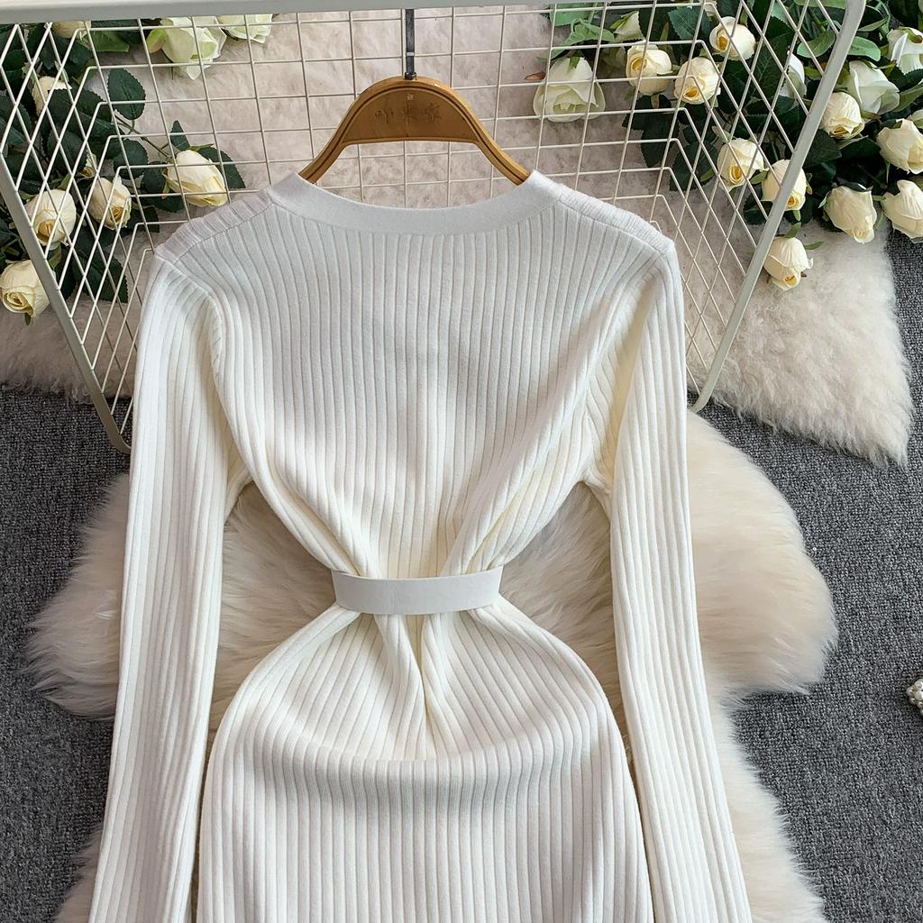 Autumn Winter Women Elegant V-neck Pearl Button Knitted Sweater White Office Work Slim Bodycon Sheath Dresses