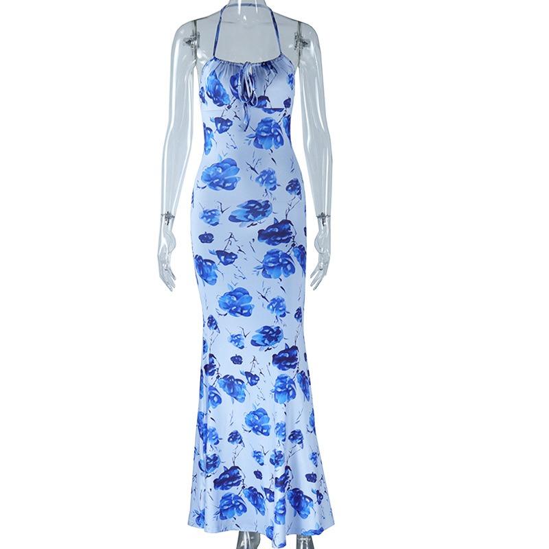 

Женское модное платье-халтер с принтом на груди и запахом, платье-пуловер без рукавов с халтер-талией и рыбьим хвостом L синий