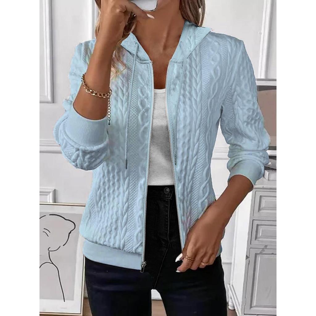 Ladies' Casual Jacket, V-neck, Long Sleeved Zipper, Front Opening, Solid Color Jacket, Zipper Jacket