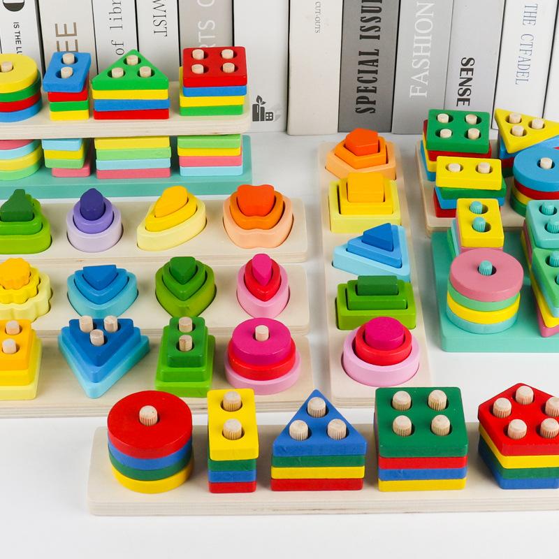 Puzzle Wooden Four Sets Of Columns Toy Early Education Wisdom Five Sets Of Columns Intellectual Geometry Cognitive Pairing Building Block