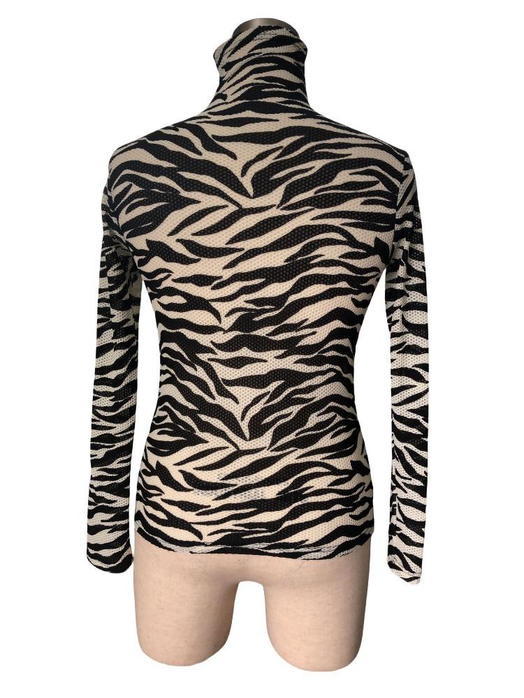 Women's Zebra Print High Neck Mesh Slim T-Shirt Tops for Women Versatile Closet Essential Fashion Items Shirt