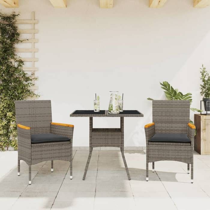 VidaXL Ensemble à manger de jardin et coussins 3 pcs gris rotin verre, ensemble de salle à manger d'extérieur, meuble de 3278705